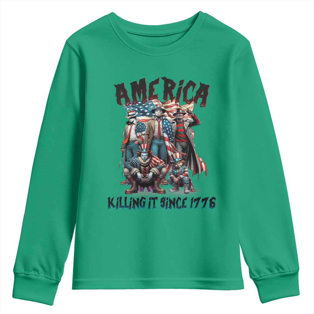 Patriotic Horror Mashup Youth Sweatshirt America Killing It Since 1776 TS02 Irish Green Print Your Wear