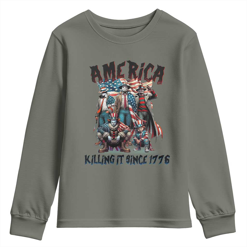 Patriotic Horror Mashup Youth Sweatshirt America Killing It Since 1776 TS02 Military Green Print Your Wear