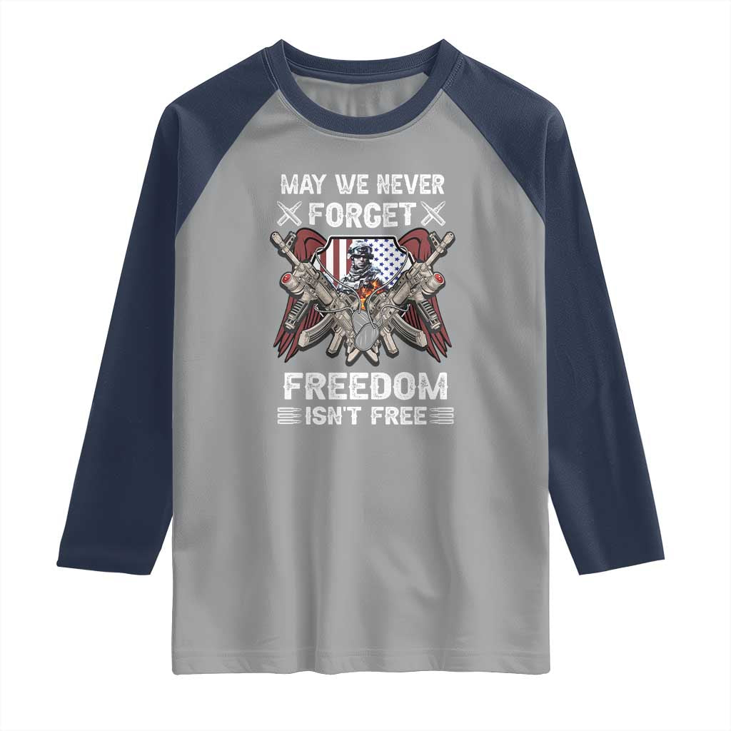 Patriotic Memorial Day Raglan Shirt May We Never Forget Freedom Is Not Free TS02 Sport Gray Navy Print Your Wear