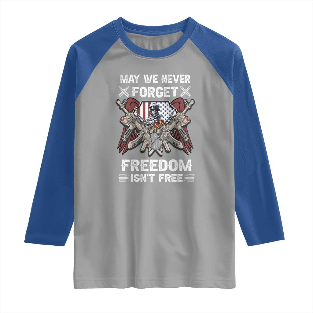 Patriotic Memorial Day Raglan Shirt May We Never Forget Freedom Is Not Free TS02 Sport Gray Royal Print Your Wear