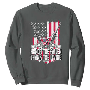 Patriotic Memorial Day Sweatshirt Honor The Fallen Thank The Living Memorial Day Veterans Day TS02 Dark Heather Print Your Wear
