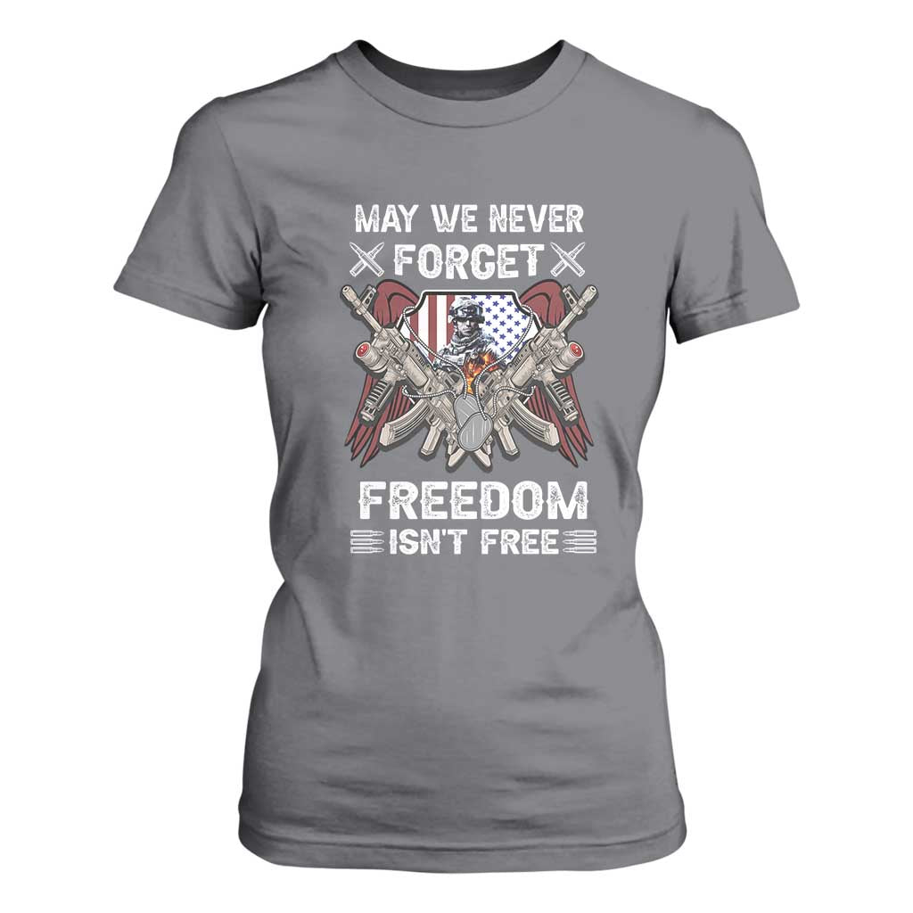 Patriotic Memorial Day T Shirt For Women May We Never Forget Freedom Is Not Free TS02 Charcoal Print Your Wear