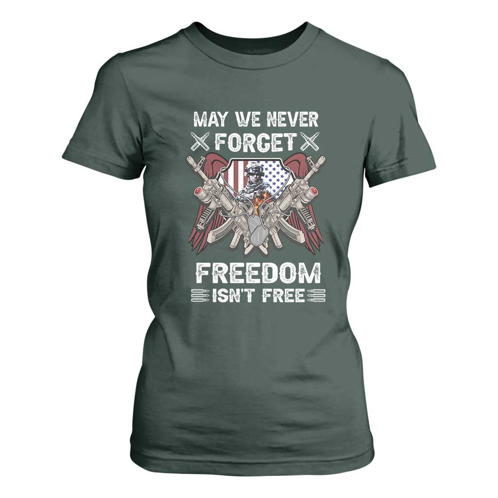 Patriotic Memorial Day T Shirt For Women May We Never Forget Freedom Is Not Free TS02 Dark Forest Green Print Your Wear
