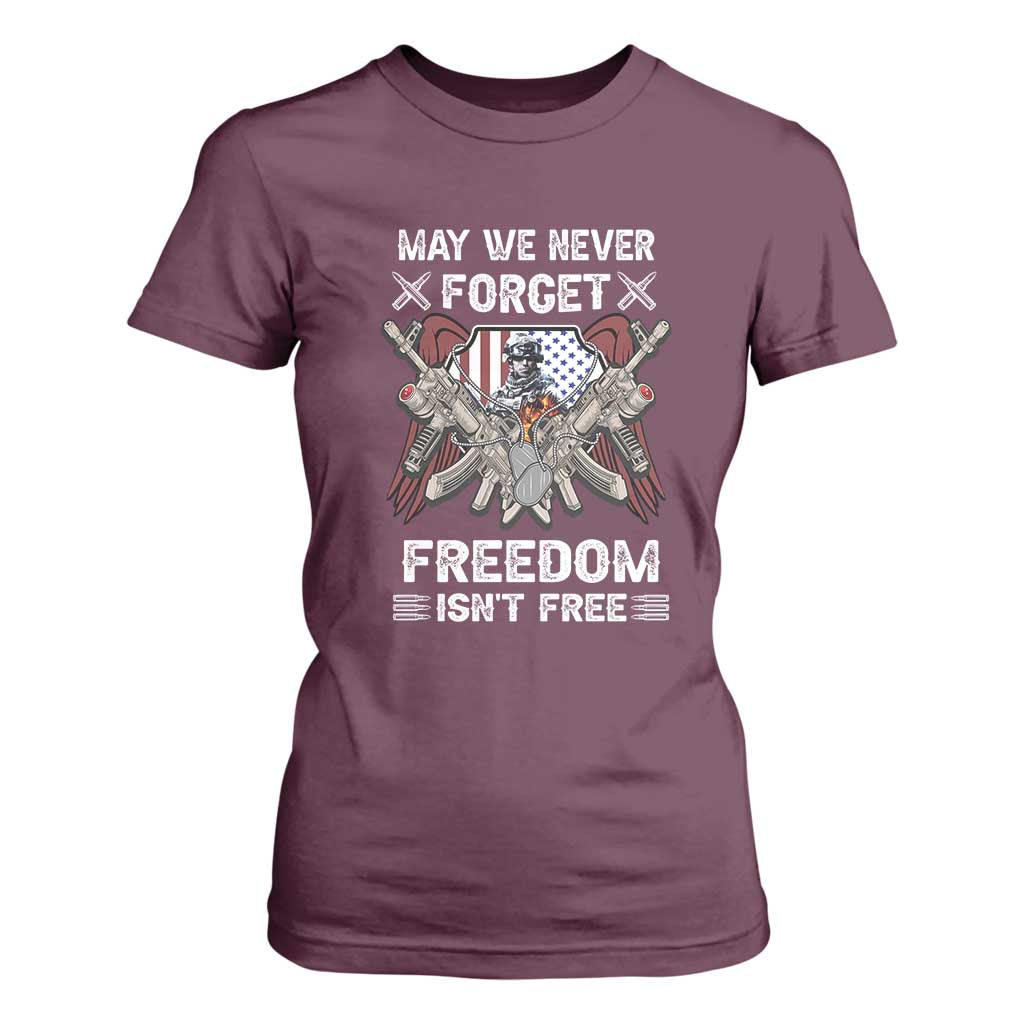 Patriotic Memorial Day T Shirt For Women May We Never Forget Freedom Is Not Free TS02 Maroon Print Your Wear