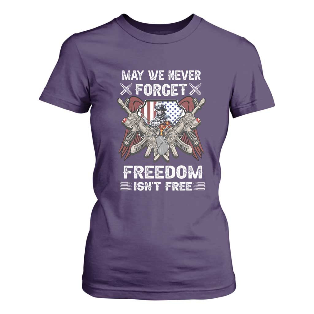 Patriotic Memorial Day T Shirt For Women May We Never Forget Freedom Is Not Free TS02 Purple Print Your Wear