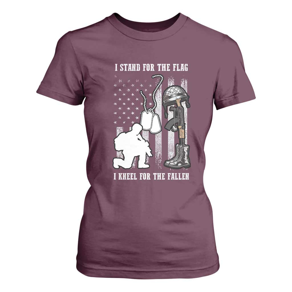 Patriotic Memorial Day T Shirt For Women We Stand For the Flag We Kneel For The Fallen US Patriots TS02 Maroon Print Your Wear