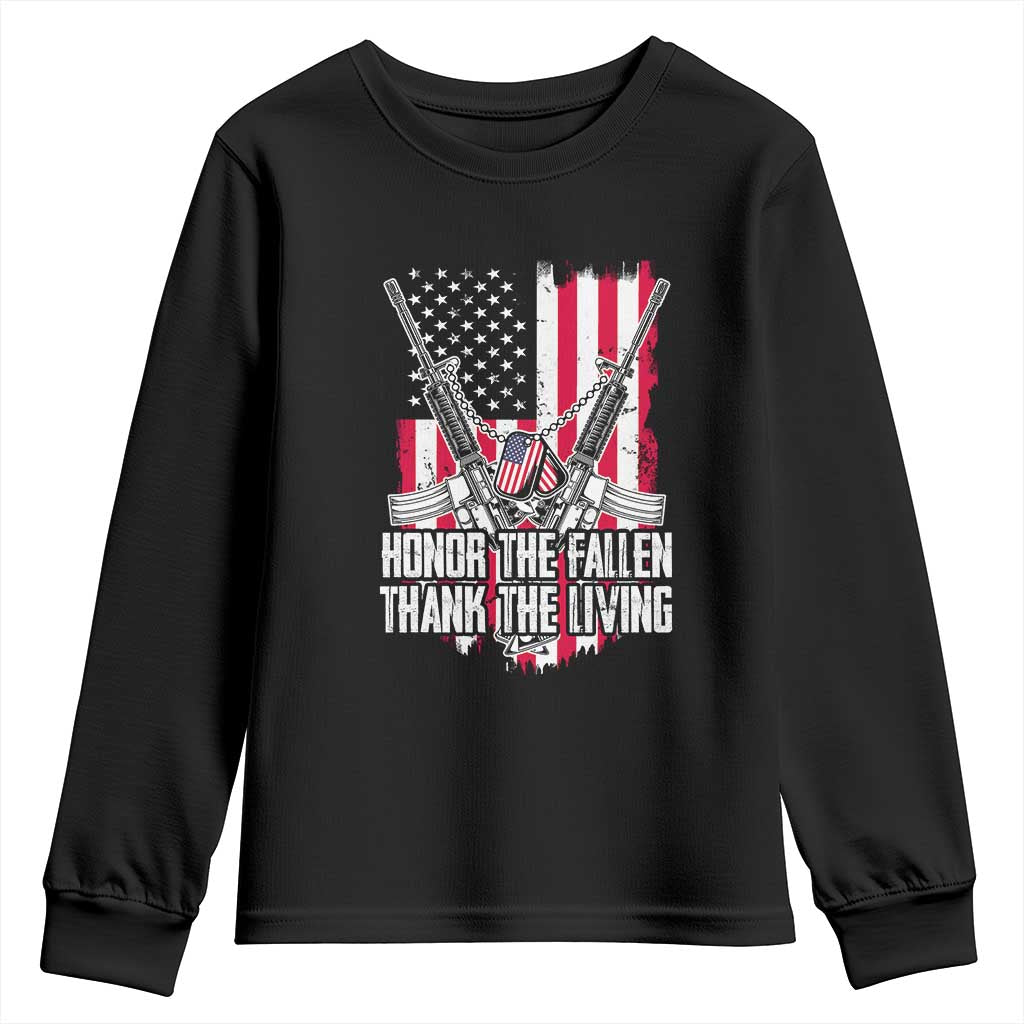 Patriotic Memorial Day Youth Sweatshirt Honor The Fallen Thank The Living Memorial Day Veterans Day TS02 Black Print Your Wear