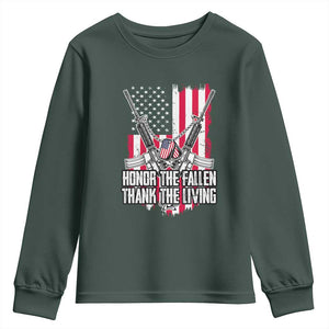 Patriotic Memorial Day Youth Sweatshirt Honor The Fallen Thank The Living Memorial Day Veterans Day TS02 Dark Forest Green Print Your Wear