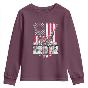 Patriotic Memorial Day Youth Sweatshirt Honor The Fallen Thank The Living Memorial Day Veterans Day TS02 Maroon Print Your Wear