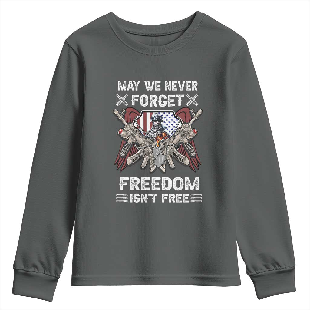 Patriotic Memorial Day Youth Sweatshirt May We Never Forget Freedom Is Not Free TS02 Dark Heather Print Your Wear