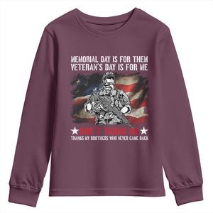 Patriotic Memorial Day Youth Sweatshirt Remember Our Heroes Veterans Brothers American Flag TS02 Maroon Print Your Wear