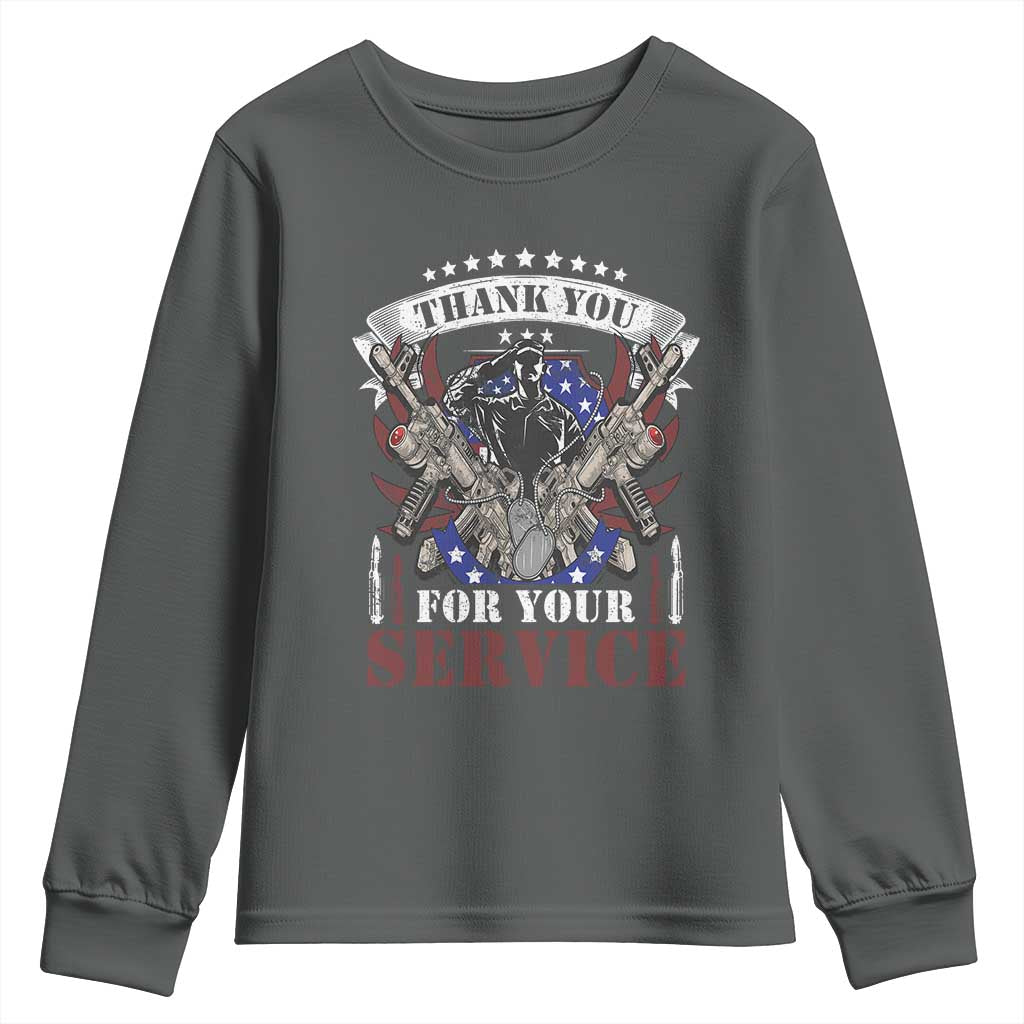 Patriotic Memorial Day Youth Sweatshirt Thank You For Your Service Veterans Remembrance TS02 Dark Heather Print Your Wear