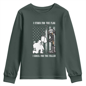 Patriotic Memorial Day Youth Sweatshirt We Stand For the Flag We Kneel For The Fallen US Patriots TS02 Dark Forest Green Print Your Wear