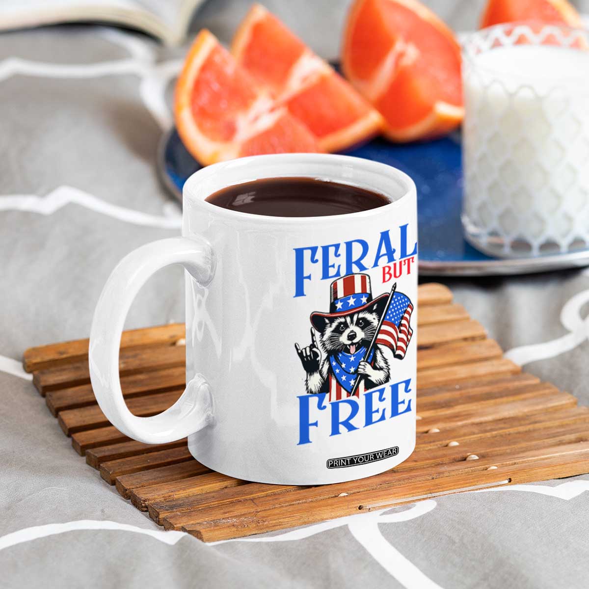 Patriotic Raccoon 4th of July Coffee Mug Feral But Free USA Flag TS10 Print Your Wear