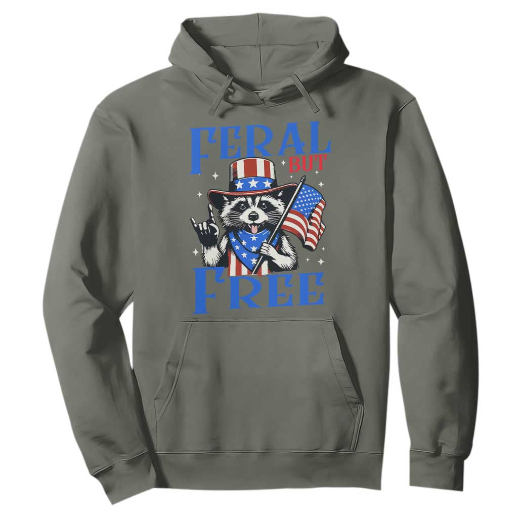Patriotic Raccoon 4th of July Hoodie Feral But Free USA Flag TS10 Military Green Print Your Wear