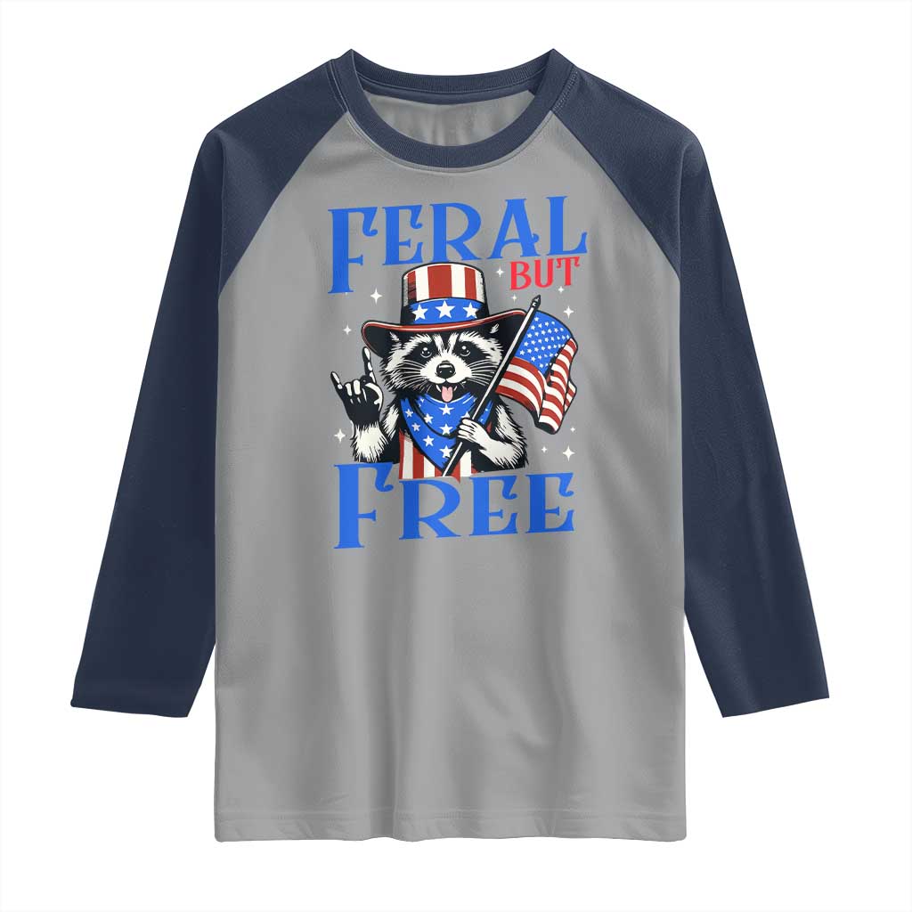 Patriotic Raccoon 4th of July Raglan Shirt Feral But Free USA Flag TS10 Sport Gray Navy Print Your Wear