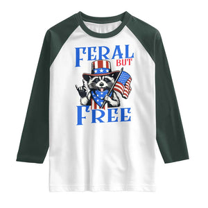 Patriotic Raccoon 4th of July Raglan Shirt Feral But Free USA Flag TS10 White Dark Forest Green Print Your Wear