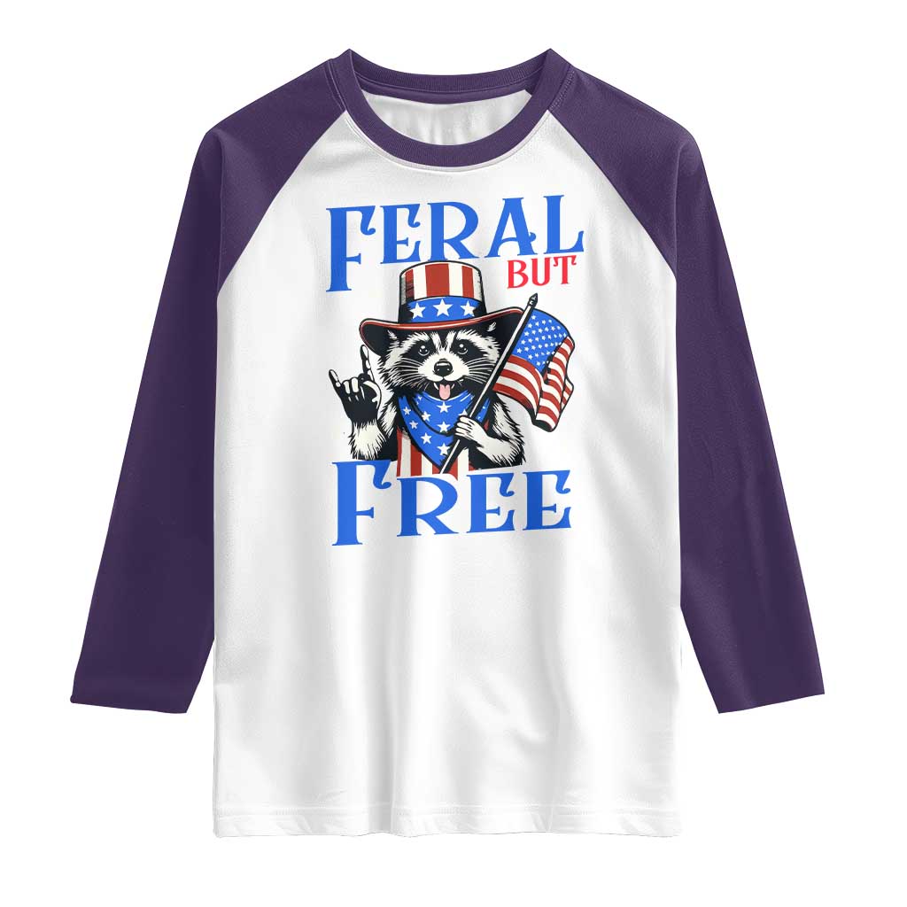 Patriotic Raccoon 4th of July Raglan Shirt Feral But Free USA Flag TS10 White Purple Print Your Wear