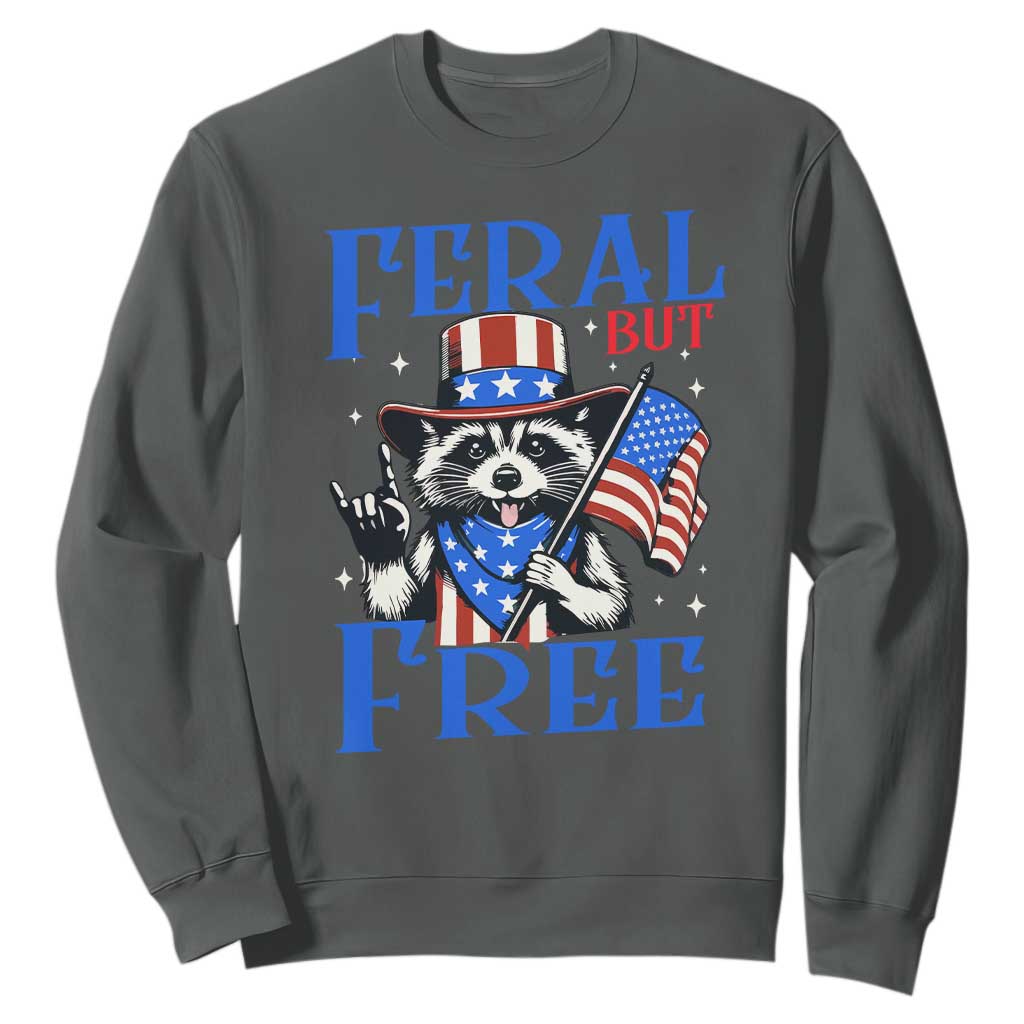Patriotic Raccoon 4th of July Sweatshirt Feral But Free USA Flag TS10 Dark Heather Print Your Wear