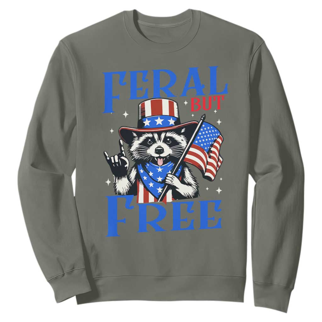 Patriotic Raccoon 4th of July Sweatshirt Feral But Free USA Flag TS10 Military Green Print Your Wear