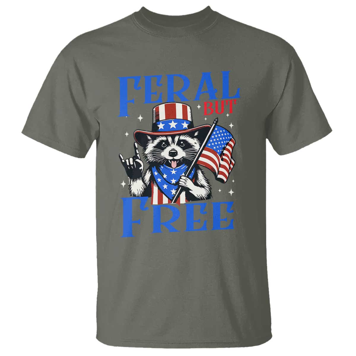Patriotic Raccoon 4th of July T Shirt Feral But Free USA Flag TS10 Military Green Print Your Wear