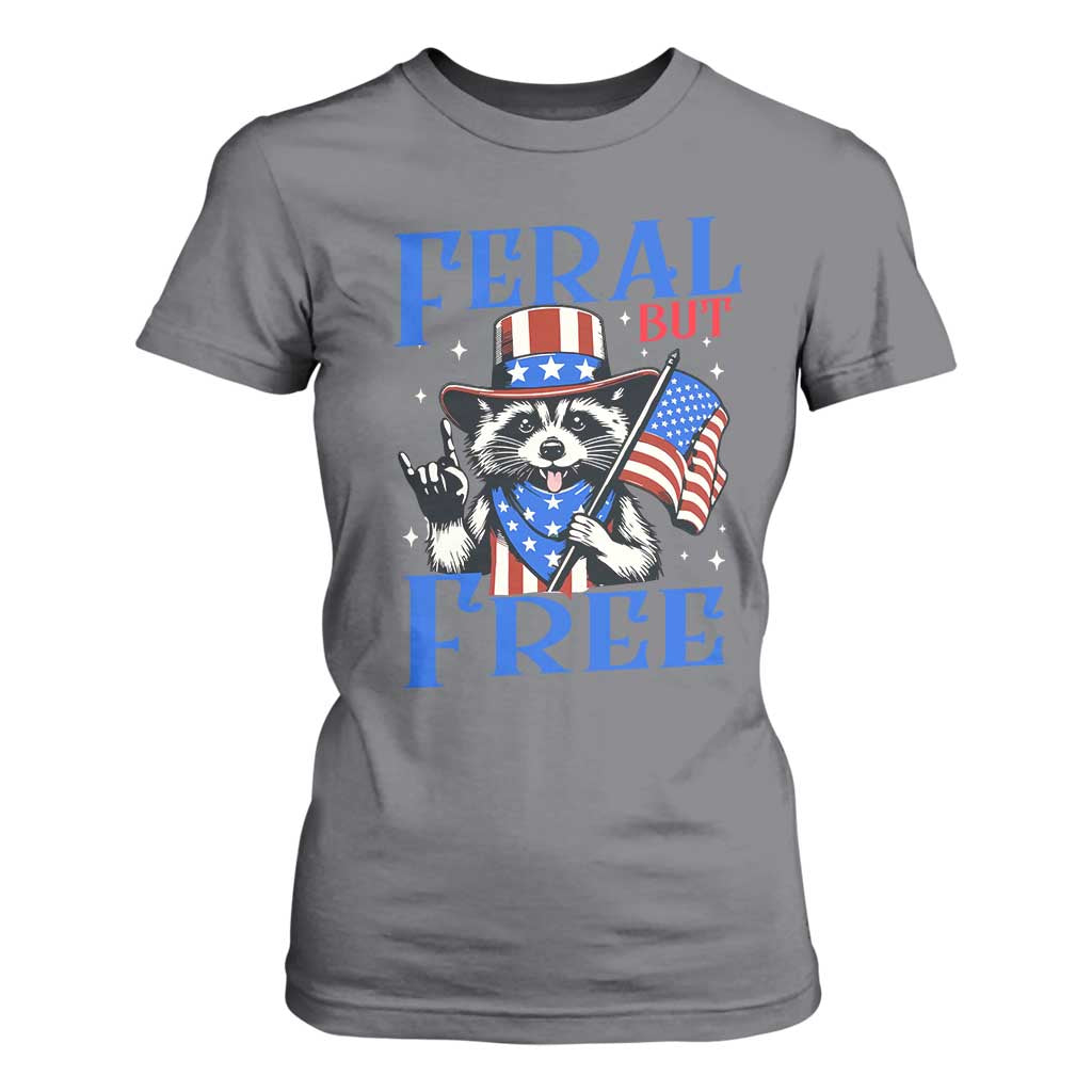Patriotic Raccoon 4th of July T Shirt For Women Feral But Free USA Flag TS10 Charcoal Print Your Wear
