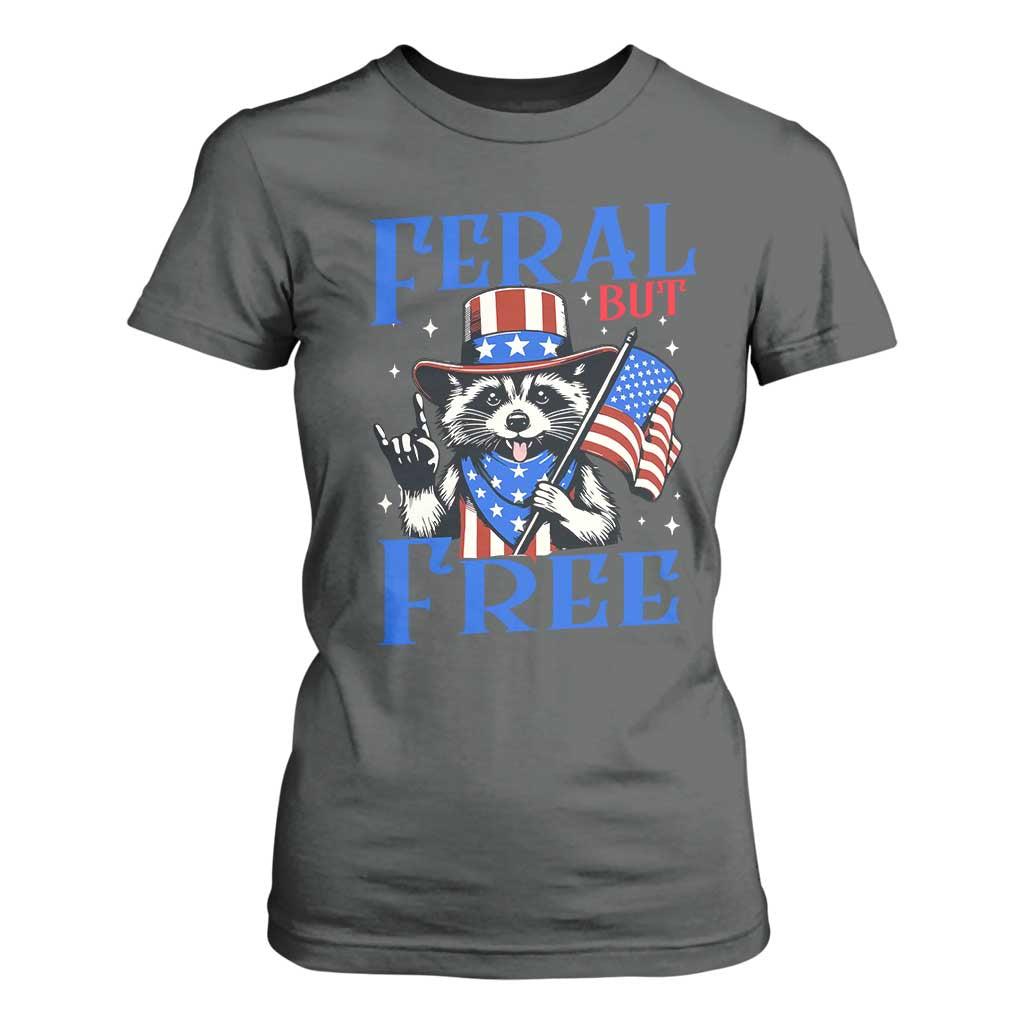 Patriotic Raccoon 4th of July T Shirt For Women Feral But Free USA Flag TS10 Dark Heather Print Your Wear