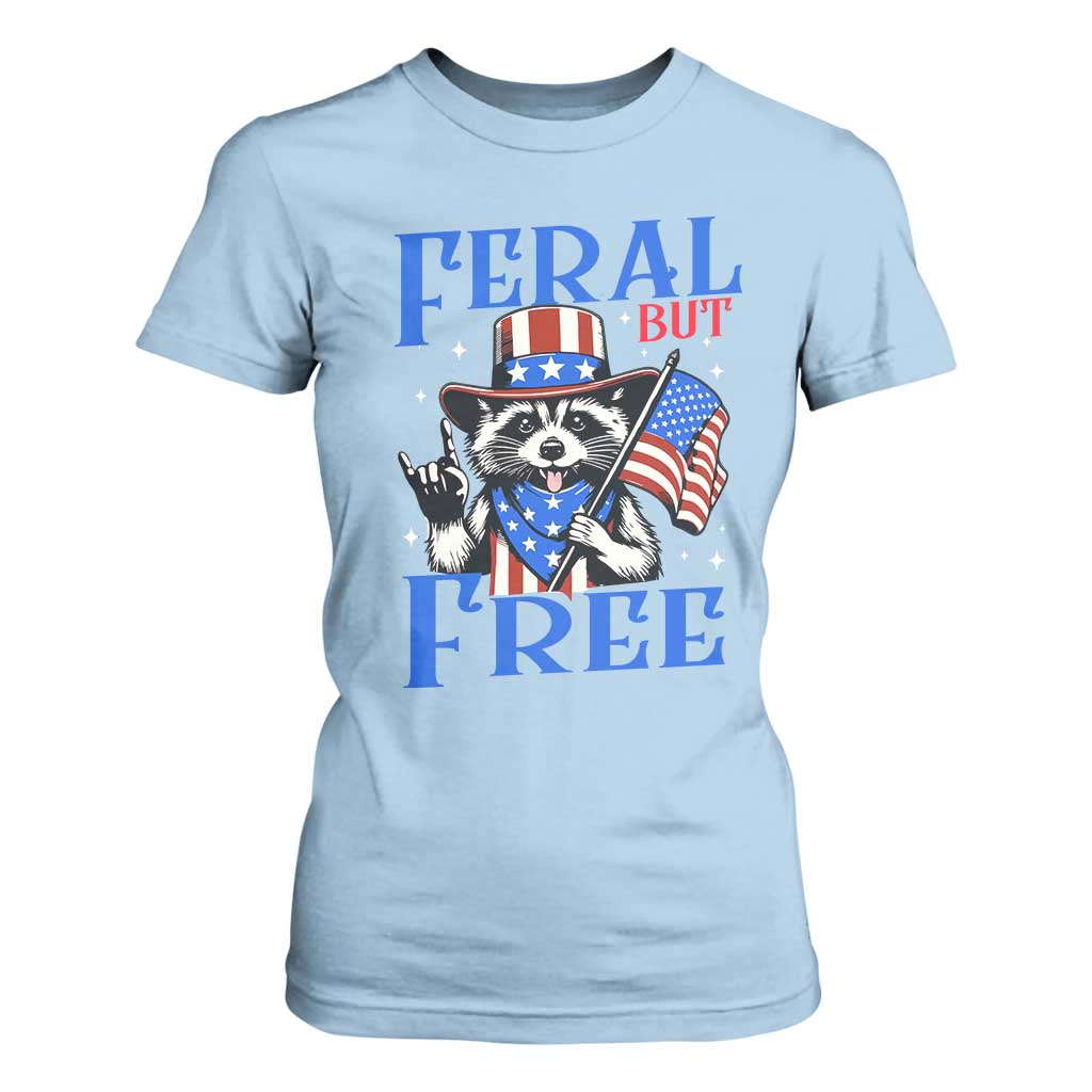 Patriotic Raccoon 4th of July T Shirt For Women Feral But Free USA Flag TS10 Light Blue Print Your Wear