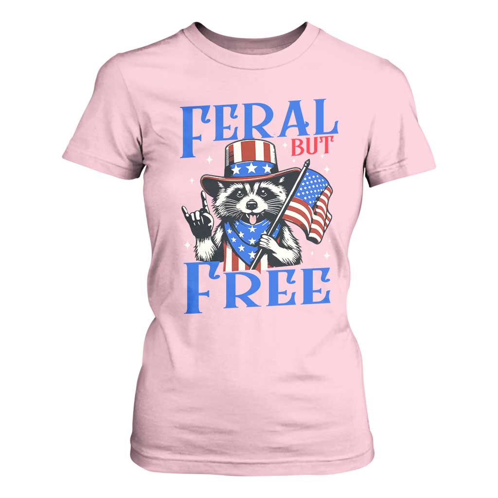 Patriotic Raccoon 4th of July T Shirt For Women Feral But Free USA Flag TS10 Light Pink Print Your Wear