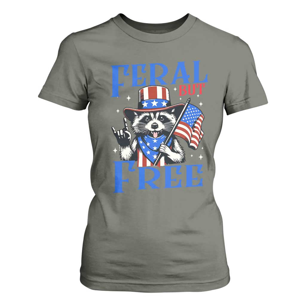 Patriotic Raccoon 4th of July T Shirt For Women Feral But Free USA Flag TS10 Military Green Print Your Wear
