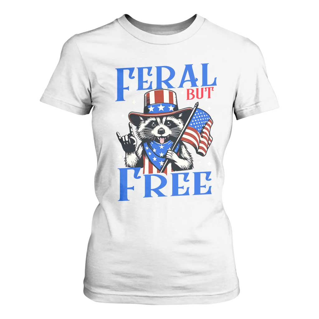 Patriotic Raccoon 4th of July T Shirt For Women Feral But Free USA Flag TS10 White Print Your Wear