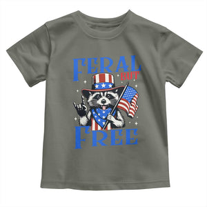Patriotic Raccoon 4th of July Toddler T Shirt Feral But Free USA Flag TS10 Military Green Print Your Wear