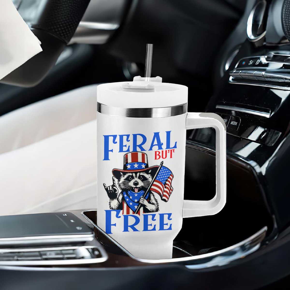 Patriotic Raccoon 4th of July Tumbler With Handle Feral But Free USA Flag TS10 Print Your Wear