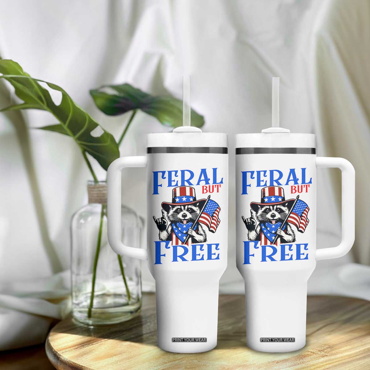 Patriotic Raccoon 4th of July Tumbler With Handle Feral But Free USA Flag TS10 Print Your Wear