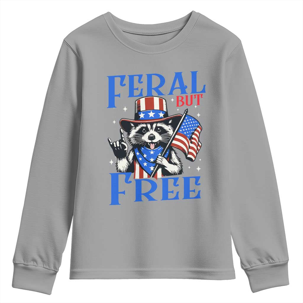Patriotic Raccoon 4th of July Youth Sweatshirt Feral But Free USA Flag TS10 Sport Gray Print Your Wear