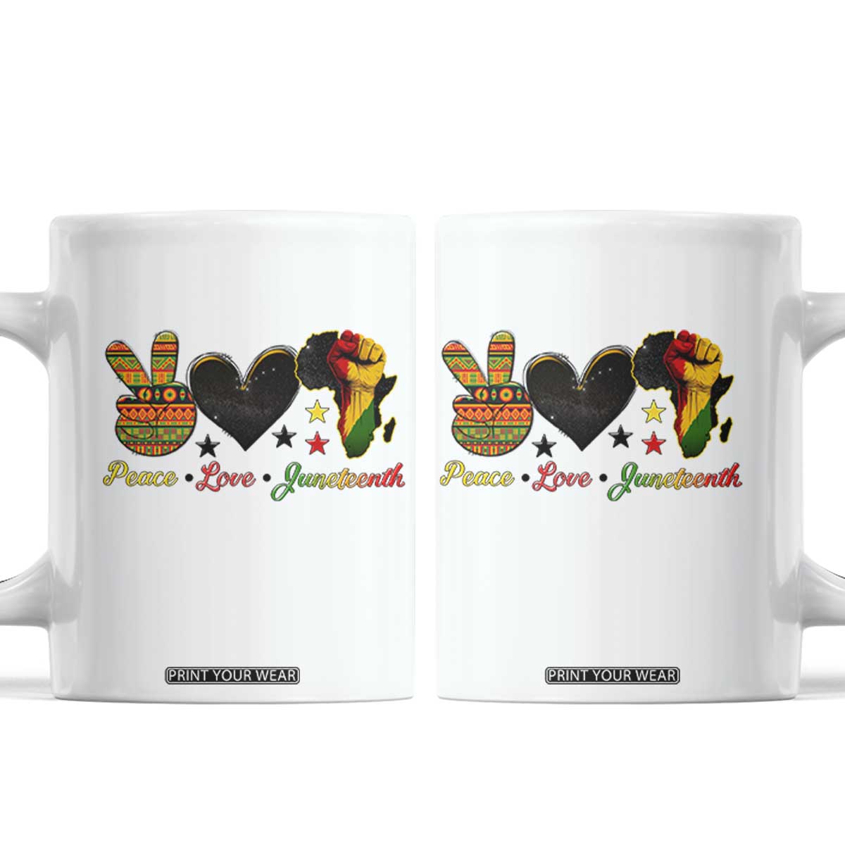 Peace Love Juneteenth Coffee Mug 1865 Heart Kente Peace Sign Africa Fist TS02 White Print Your Wear
