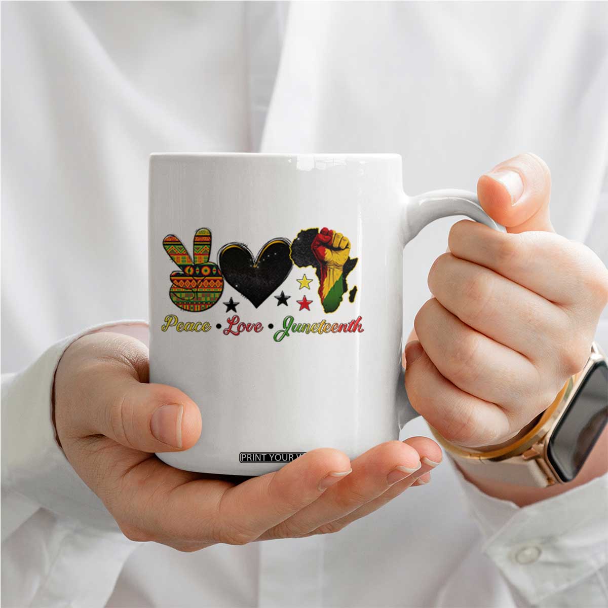 Peace Love Juneteenth Coffee Mug 1865 Heart Kente Peace Sign Africa Fist TS02 Print Your Wear