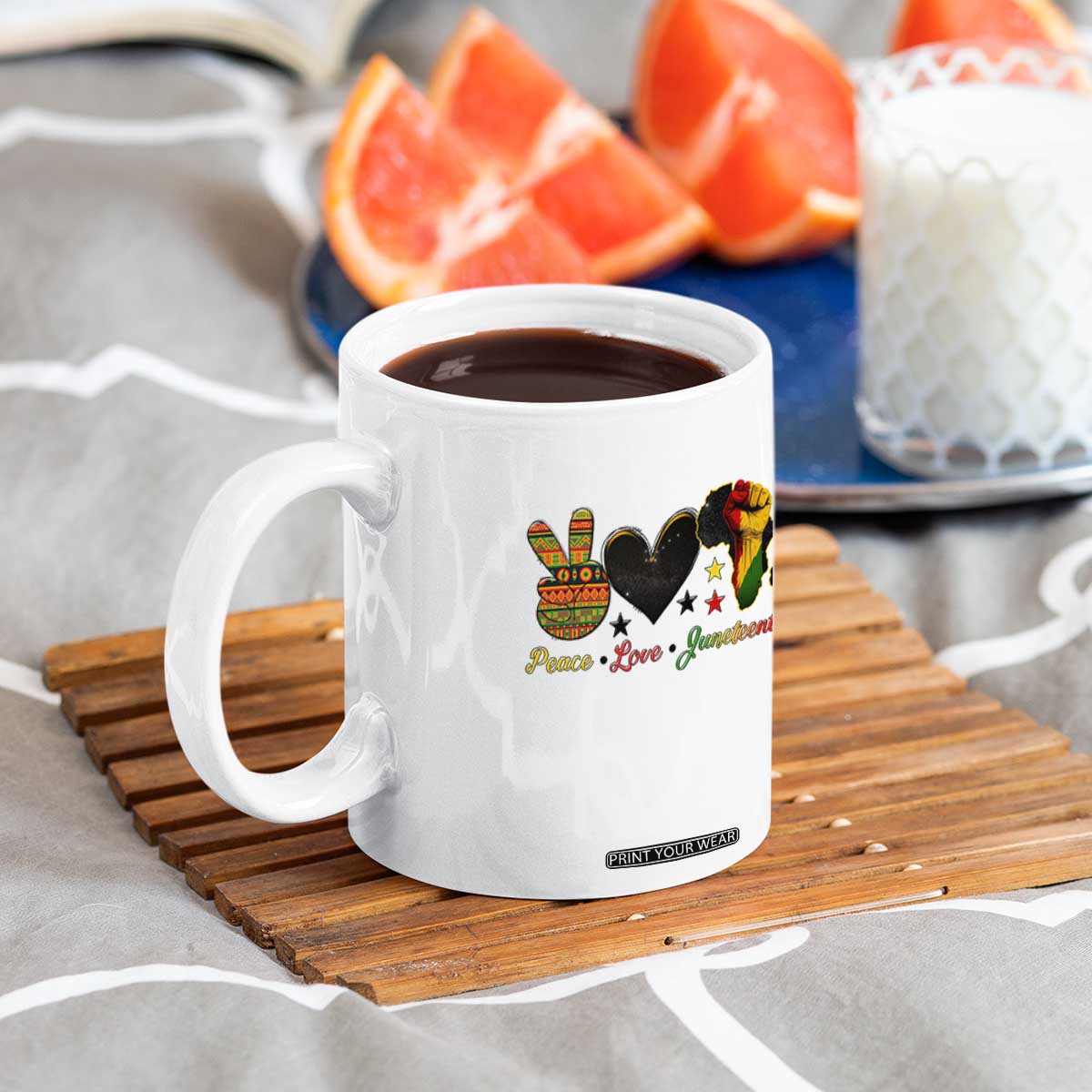 Peace Love Juneteenth Coffee Mug 1865 Heart Kente Peace Sign Africa Fist TS02 Print Your Wear