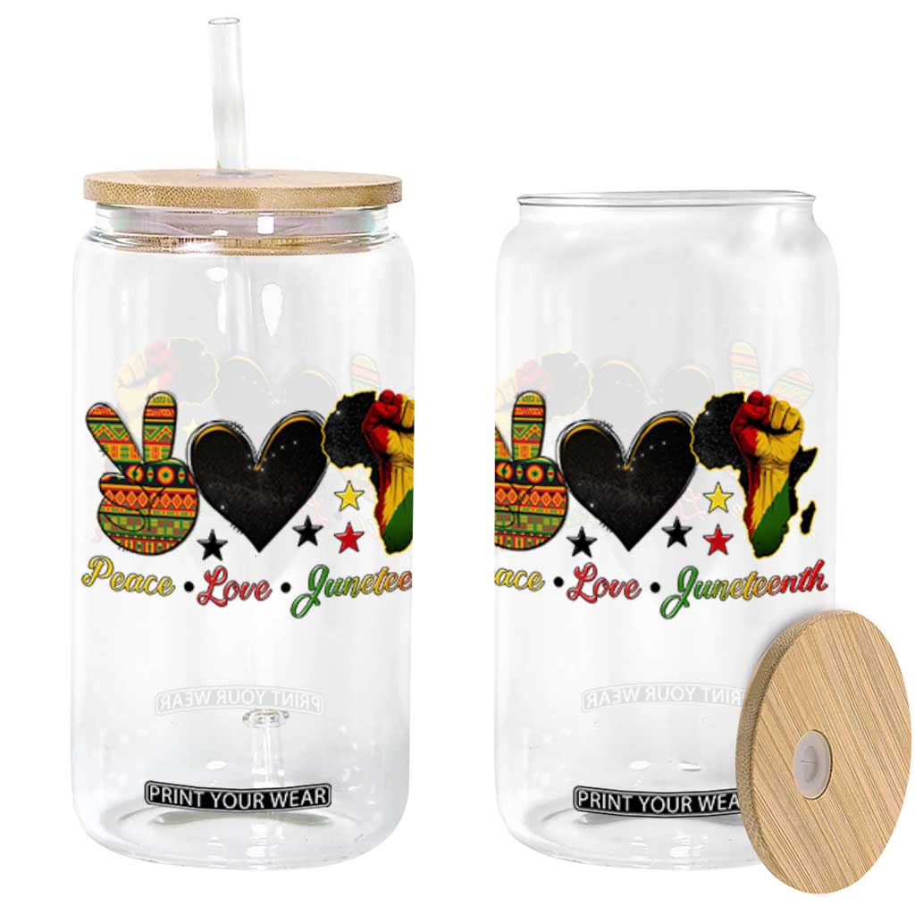 Peace Love Juneteenth Glass Can 1865 Heart Kente Peace Sign Africa Fist TS02 White Print Your Wear