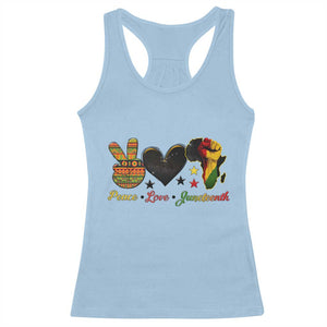Peace Love Juneteenth Racerback Tank Top 1865 Heart Kente Peace Sign Africa Fist TS02 Light Blue Print Your Wear