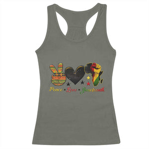 Peace Love Juneteenth Racerback Tank Top 1865 Heart Kente Peace Sign Africa Fist TS02 Military Green Print Your Wear