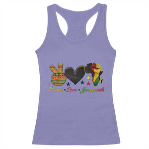 Peace Love Juneteenth Racerback Tank Top 1865 Heart Kente Peace Sign Africa Fist TS02 Violet Print Your Wear