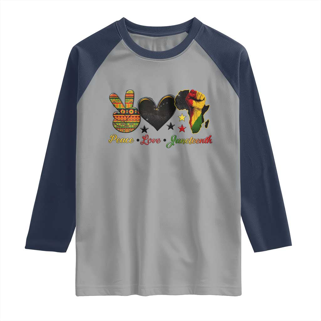Peace Love Juneteenth Raglan Shirt 1865 Heart Kente Peace Sign Africa Fist TS02 Sport Gray Navy Print Your Wear