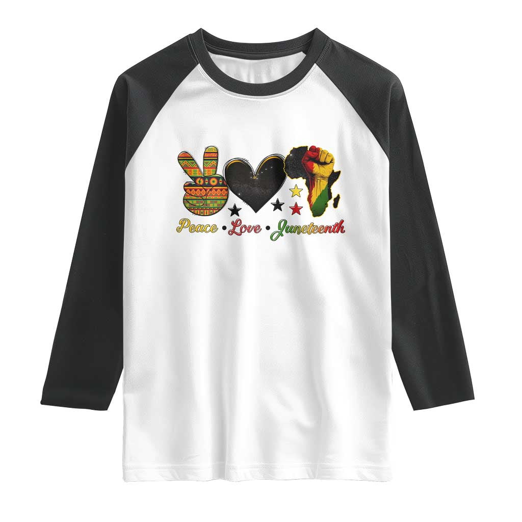 Peace Love Juneteenth Raglan Shirt 1865 Heart Kente Peace Sign Africa Fist TS02 White Black Print Your Wear
