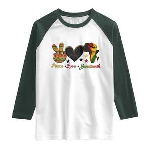 Peace Love Juneteenth Raglan Shirt 1865 Heart Kente Peace Sign Africa Fist TS02 White Dark Forest Green Print Your Wear