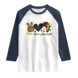 Peace Love Juneteenth Raglan Shirt 1865 Heart Kente Peace Sign Africa Fist TS02 White Navy Print Your Wear