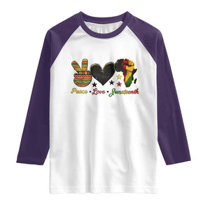 Peace Love Juneteenth Raglan Shirt 1865 Heart Kente Peace Sign Africa Fist TS02 White Purple Print Your Wear