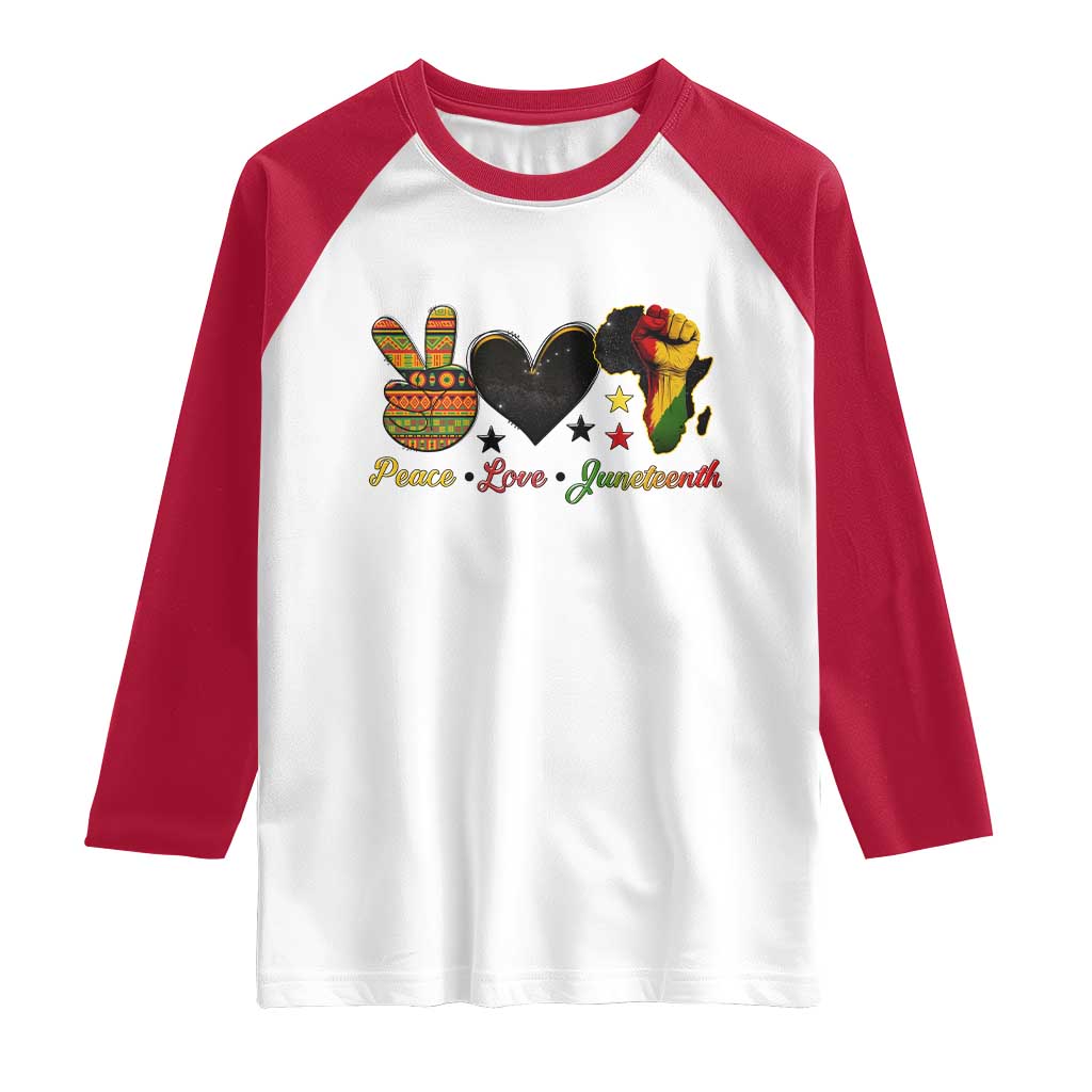Peace Love Juneteenth Raglan Shirt 1865 Heart Kente Peace Sign Africa Fist TS02 White Red Print Your Wear
