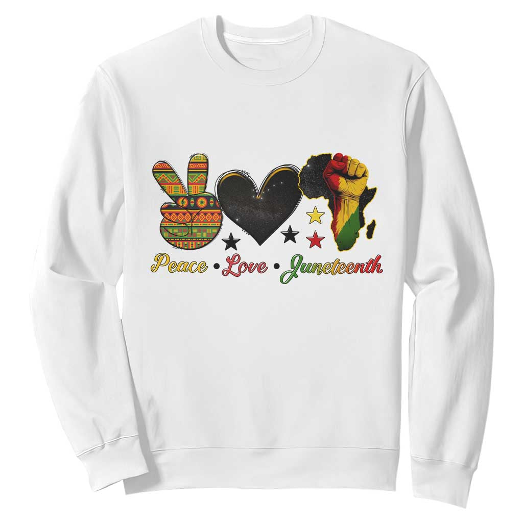 Peace Love Juneteenth Sweatshirt 1865 Heart Kente Peace Sign Africa Fist TS02 White Print Your Wear