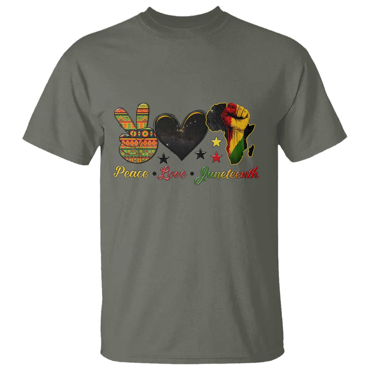 Peace Love Juneteenth T Shirt 1865 Heart Kente Peace Sign Africa Fist TS02 Military Green Print Your Wear